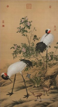 花の中で輝く鶴をラング古い中国のインク ジュゼッペ カスティリオーネの鳥 Oil Paintings